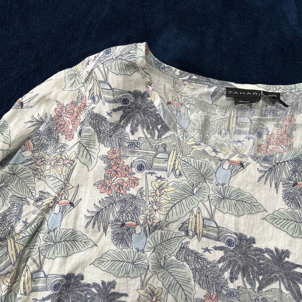 Tahari Womens Linen Top Size 1X Surfing Tropical Beach Print Resort Vacation - Picture 6 of 14